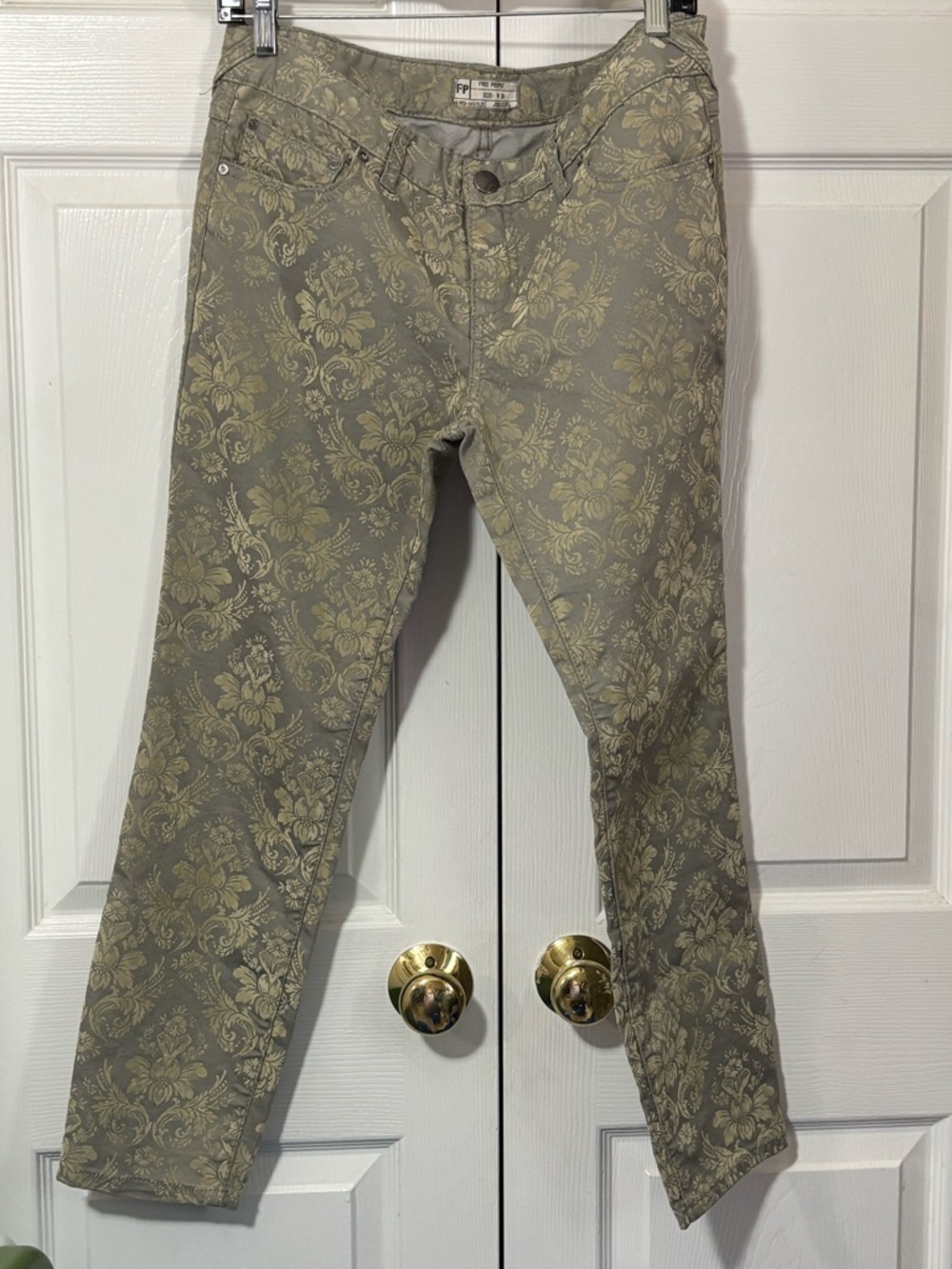 Free People Sage Green and Gold Floral Brocade Jeans Sz 29 VGUC